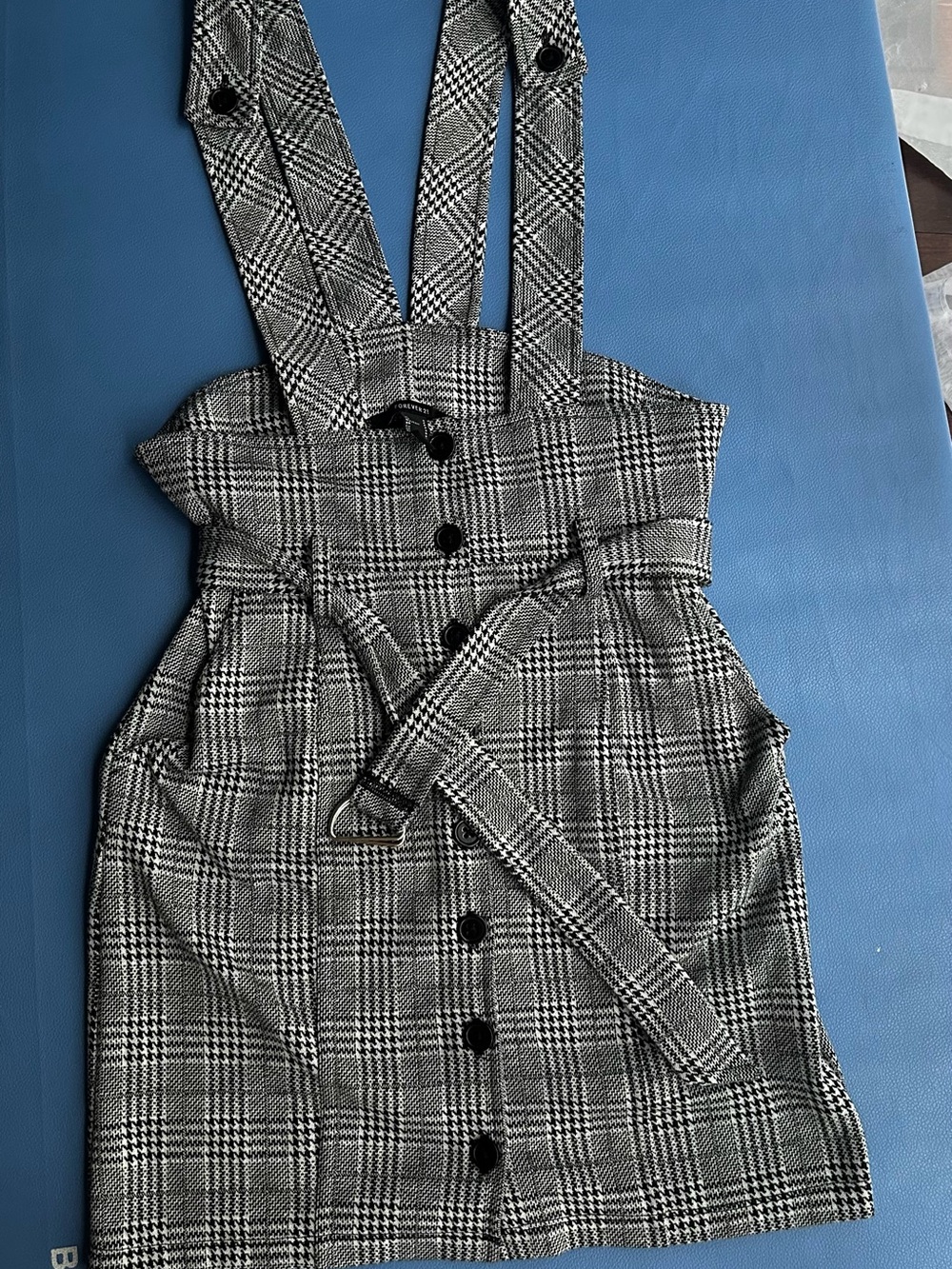 Plaid Button-Front Suspender Mini Dress in Black and White